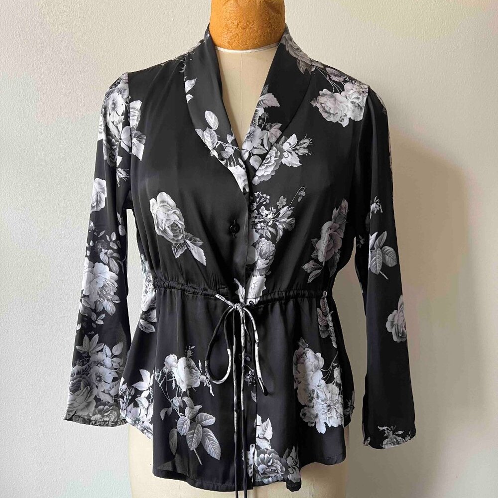 Benares Black and White Floral Print Blouse